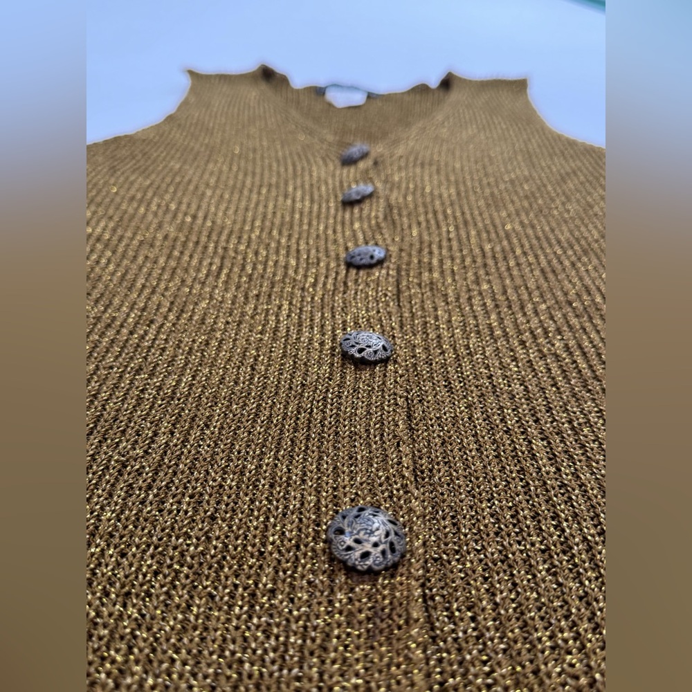 Vintage Carole Little Olive Gold Metallic Sleeveless Button Up Knit Dress S Mini - Picture 5 of 8